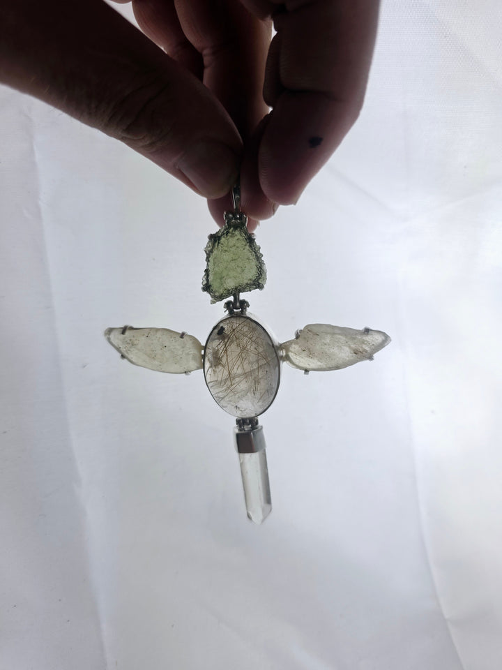 Moldavite, Libyan Desert Glass, Rutilated & Clear Quartz Silver Pendant