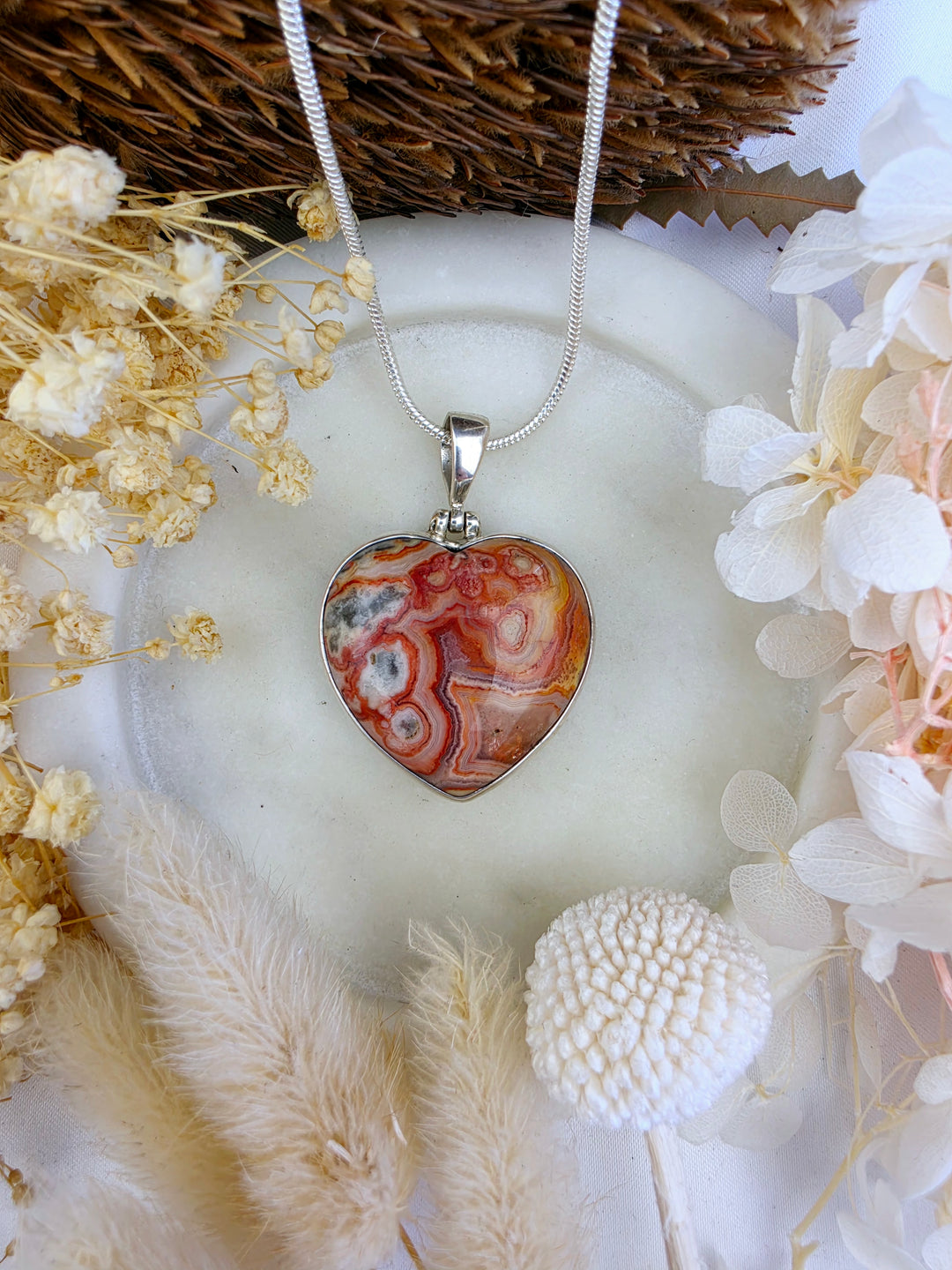 Crazy Lace Agate Heart Silver Pendant