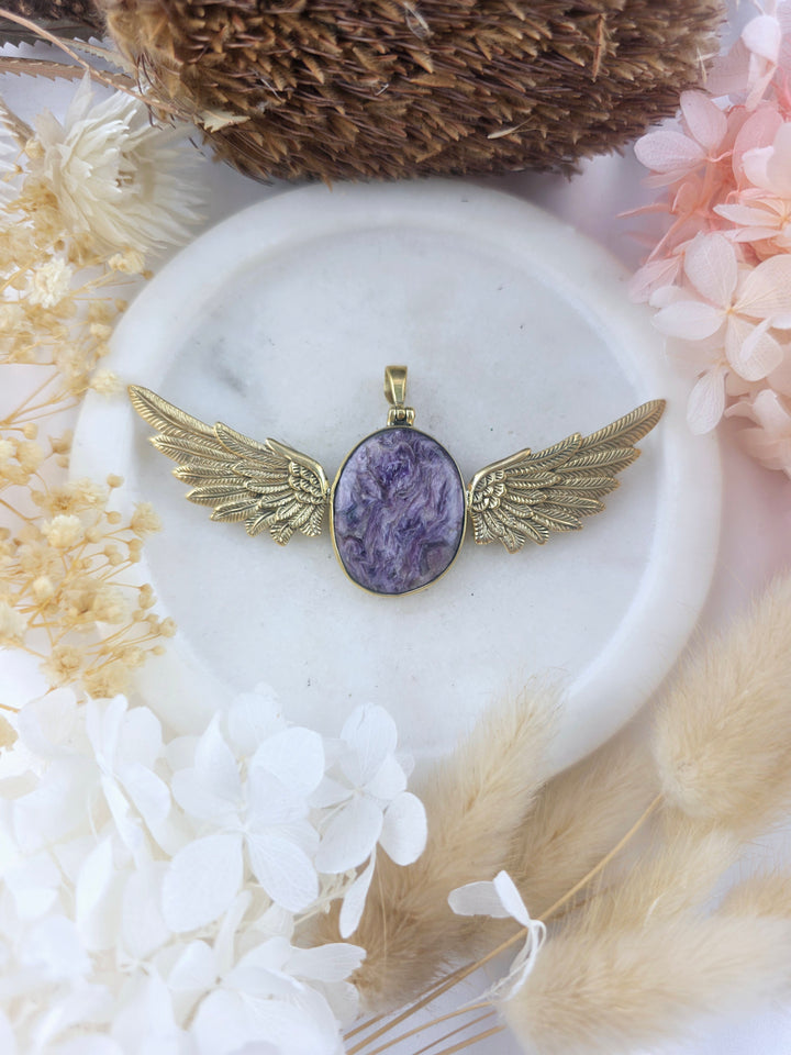 Charoite Brass Winged Goddess Pendant