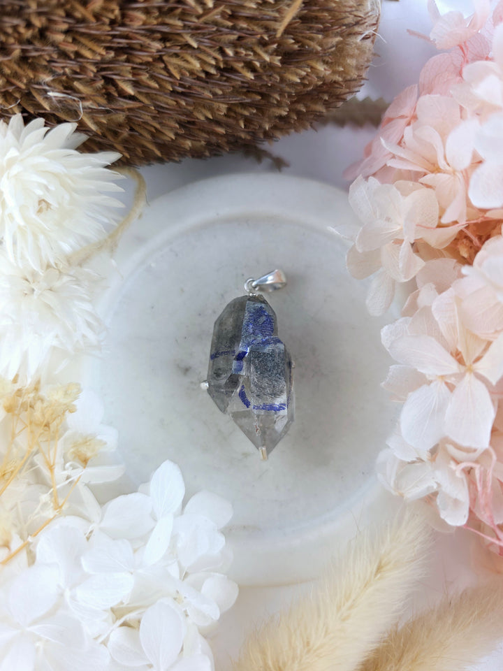 Clear Quartz with Enhydro 3 Moving Bubbles Double Terminator Silver Pendant