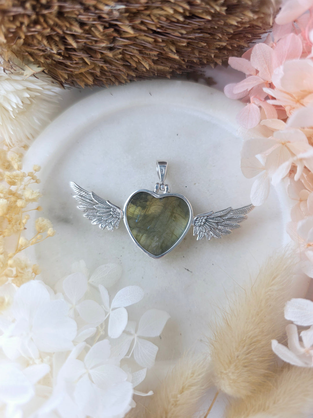 Labradorite Heart Winged Goddess Silver Pendant