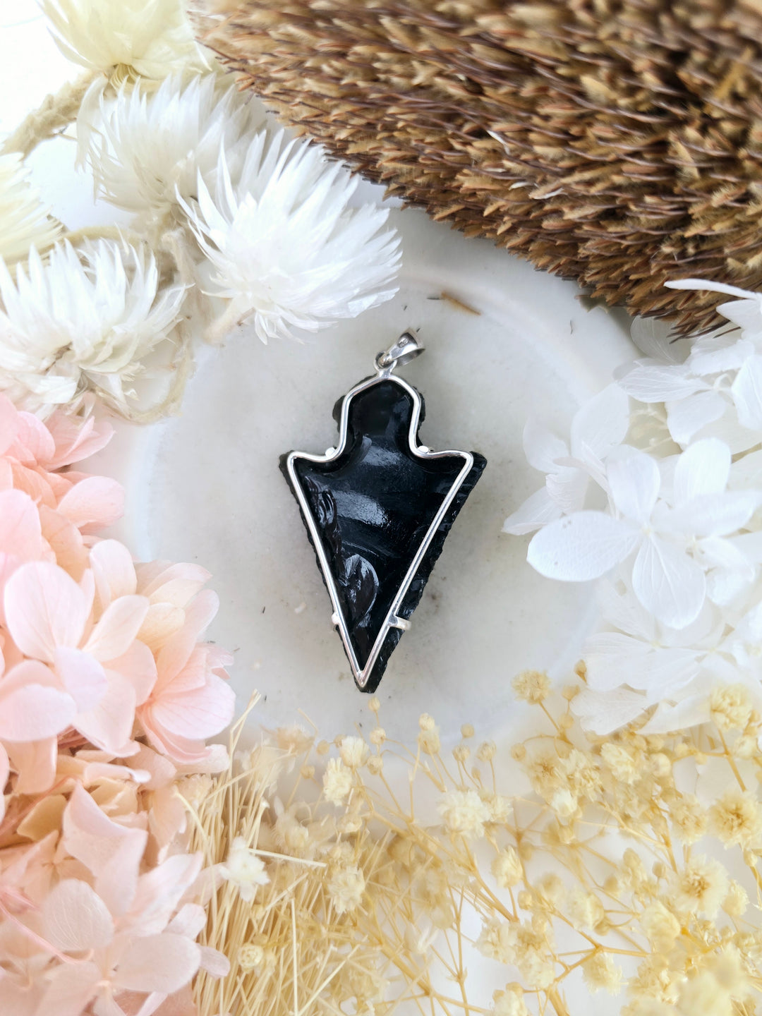 Black Obsidian Arrowhead Silver Pendant