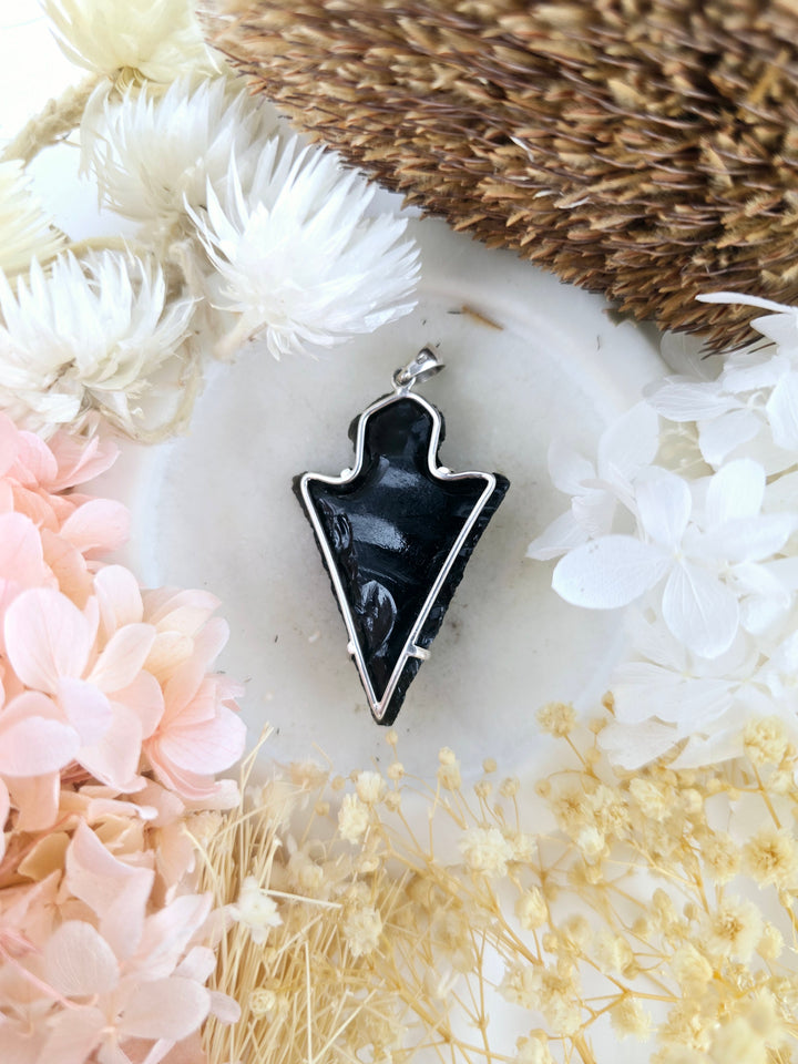 Black Obsidian Arrowhead Silver Pendant