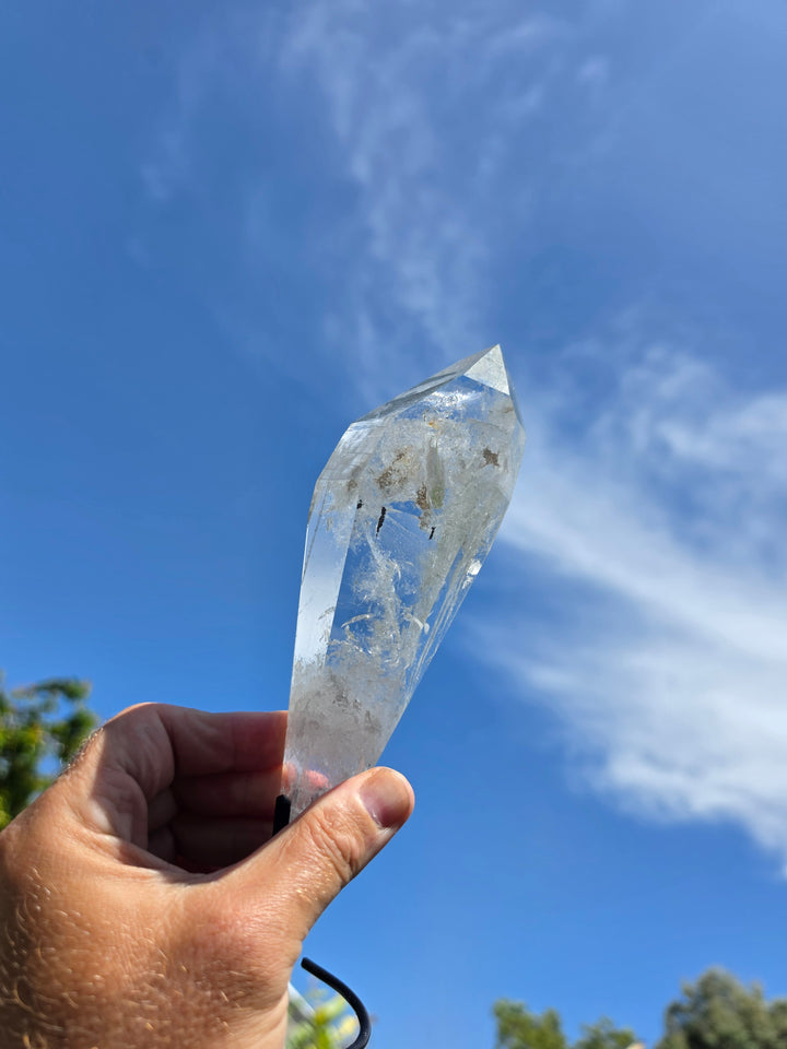 Lemurian with Black Chlorite Phantom Quartz with Metal Stand - Ancient Wisdom