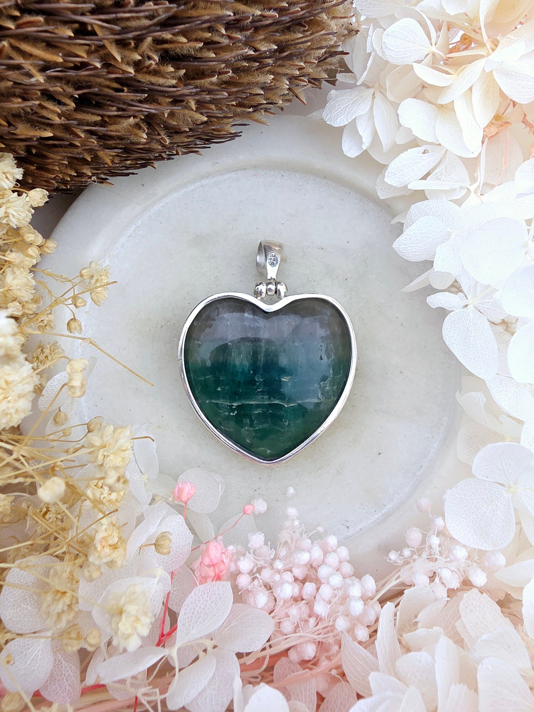 Rainbow Fluorite Heart Silver Pendant