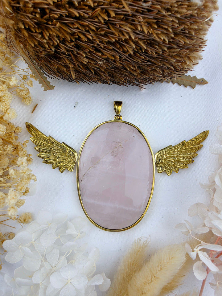 Rose Quartz Large Anahata Brass Pendant