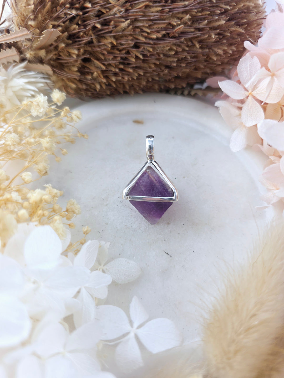 Purple Fluorite Octahedron Silver Pendant