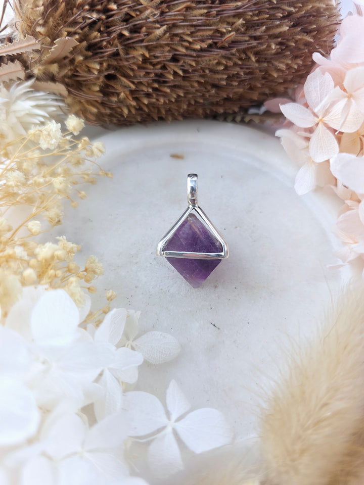 Purple Fluorite Octahedron Silver Pendant