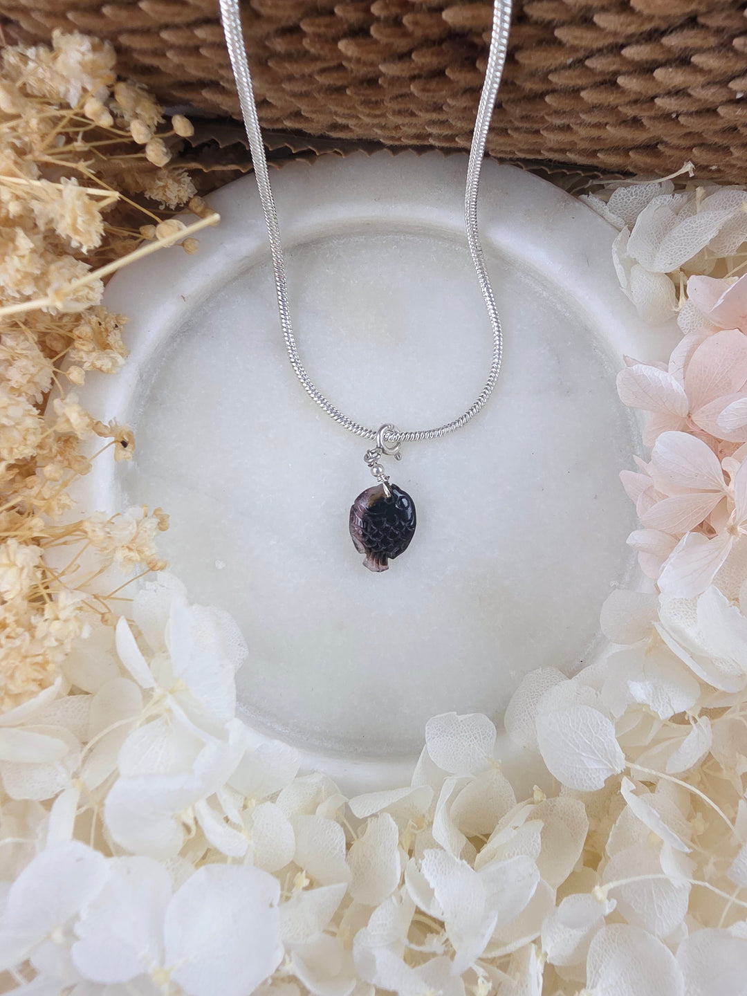 Pink & Black Tourmaline Fish Silver Pendant/Charm — Flow & Flourish