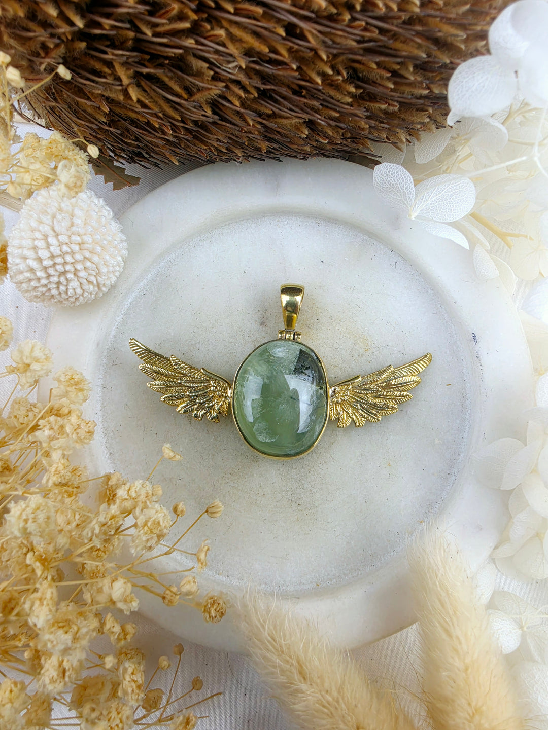 Prehnite Anahata Brass Pendant
