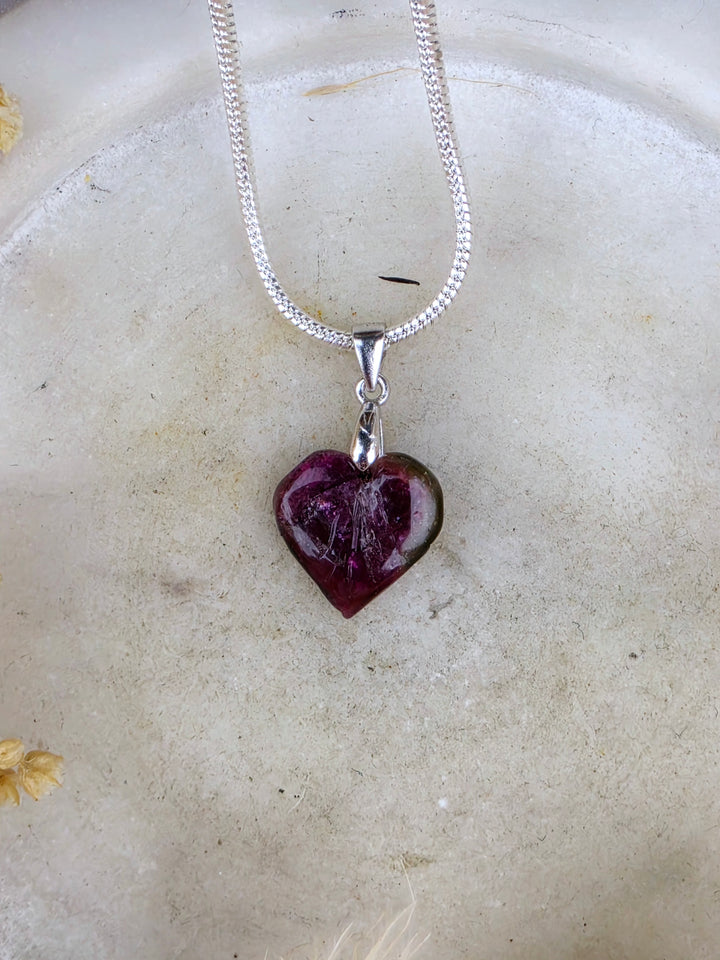Watermelon Tourmaline Heart Silver Pendant