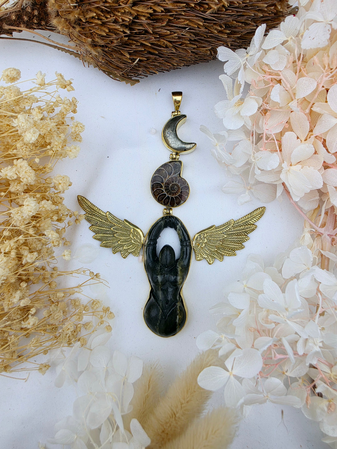 Pyrite, Ammonite & Bumble Bee Jasper Goddess Anahata Pendant
