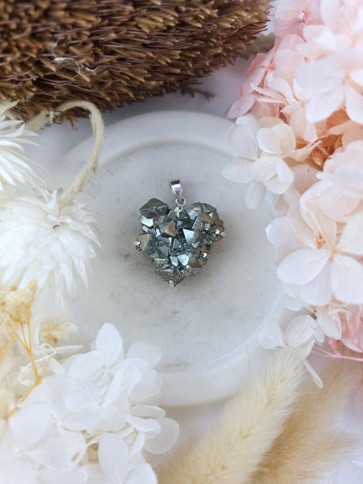 Pyrite Octohedral Cluster Heart Shaped Silver Pendant