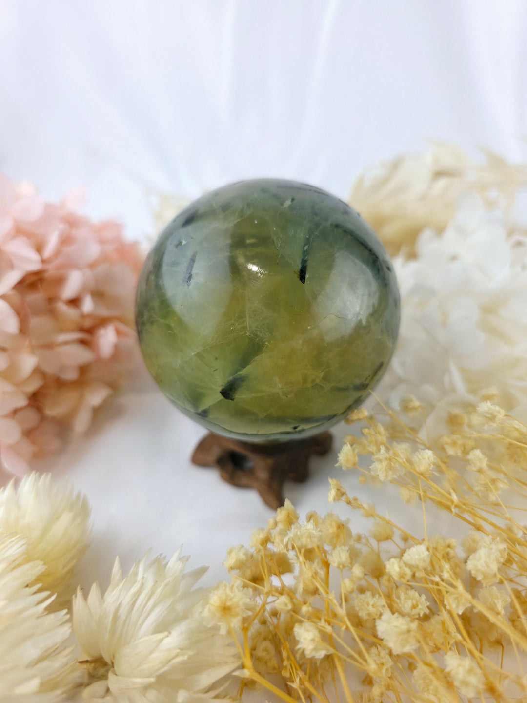 Prehnite with Black Tourmaline & Epidote Sphere