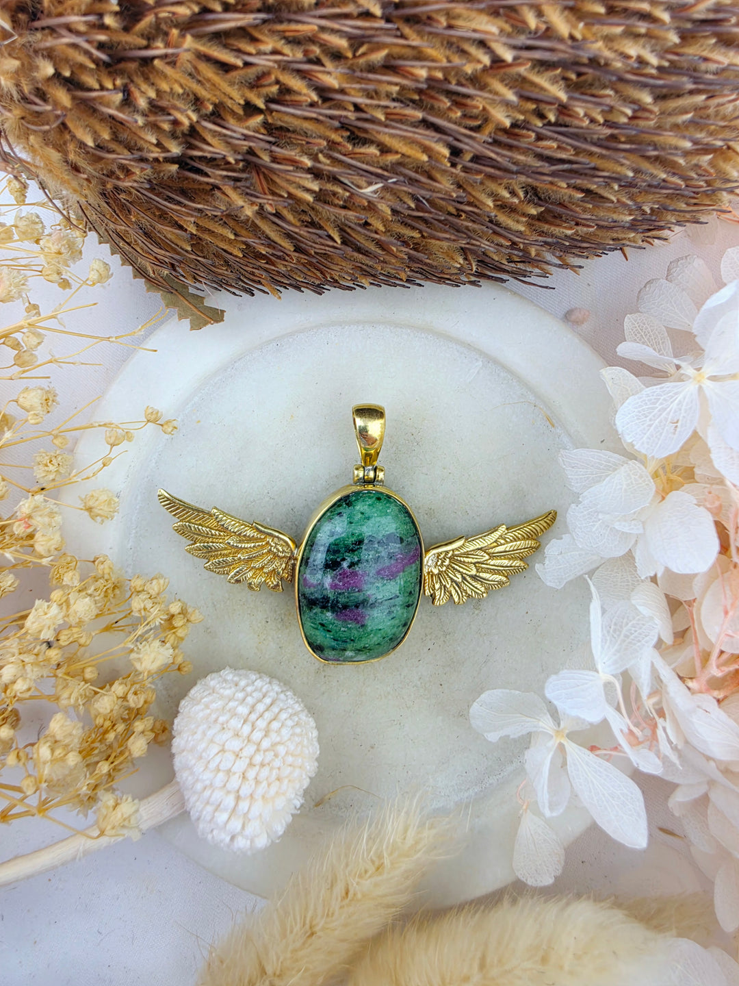 Ruby Zoisite Anahata Brass Pendant