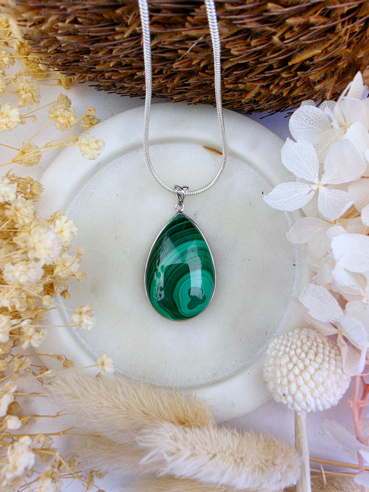 Malachite Silver Tear Drop Pendant — Transform & Rise