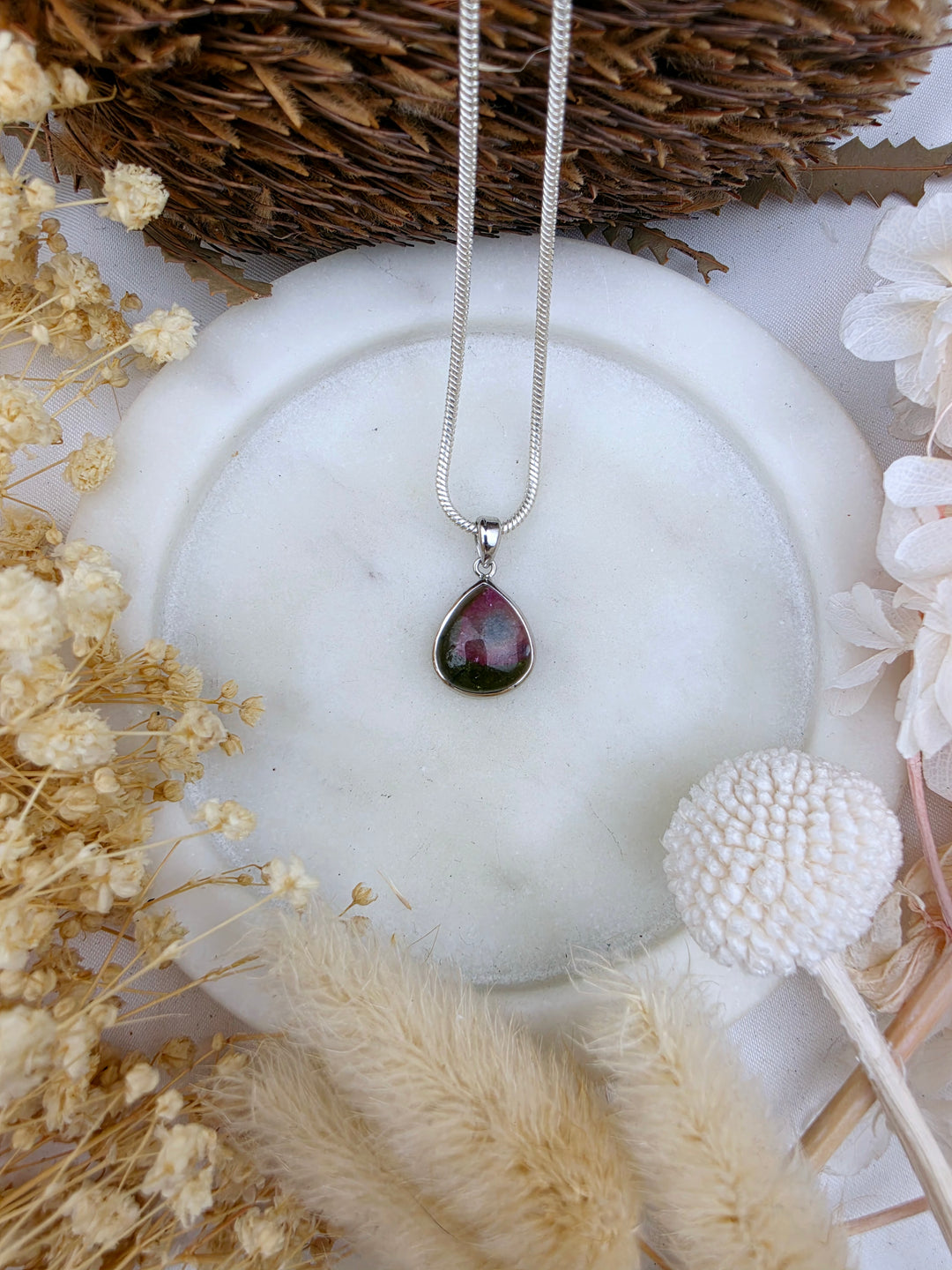 Watermelon Tourmaline & Indicolite (Blue) Silver Pendant