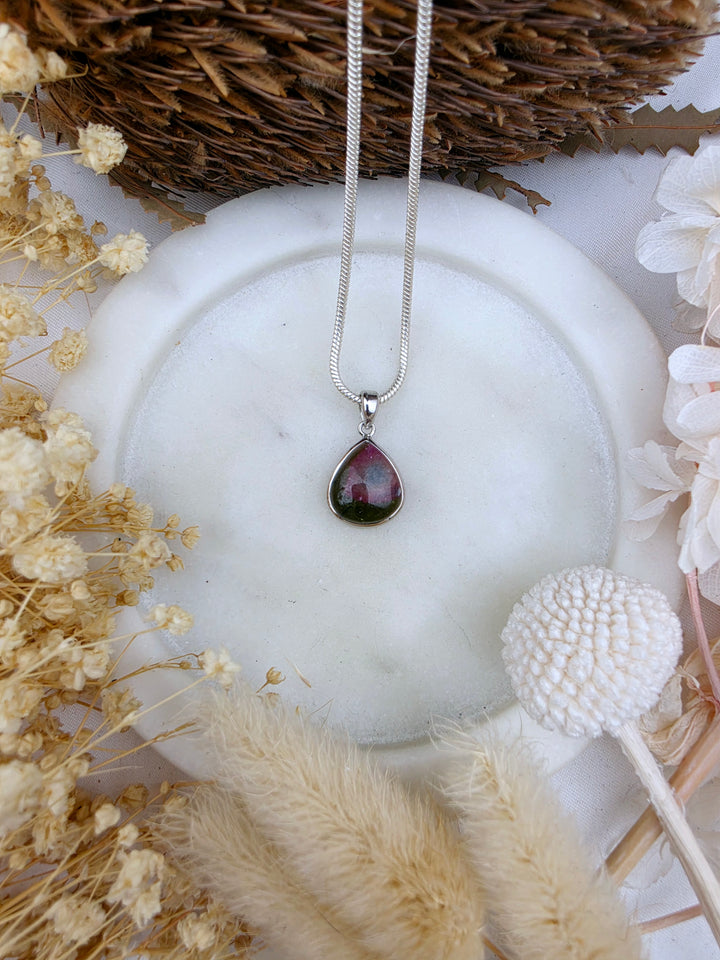 Watermelon Tourmaline & Indicolite (Blue) Silver Pendant