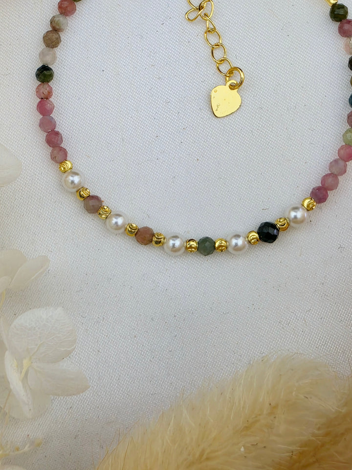 Watermelon Tourmaline Faceted Pearl Bracelet - 4mm (Adjustable Chain)
