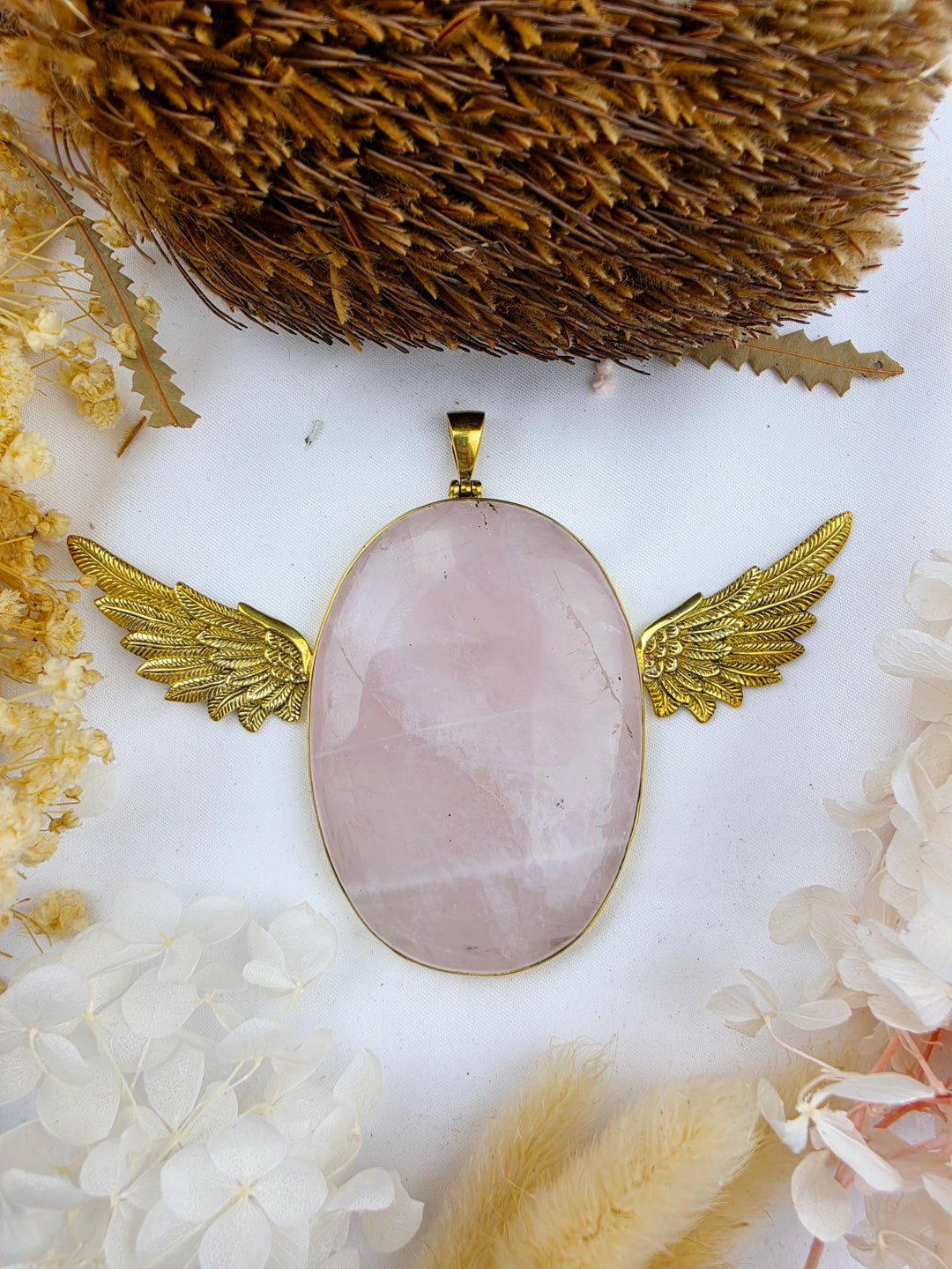 Rose Quartz Large Anahata Brass Pendant