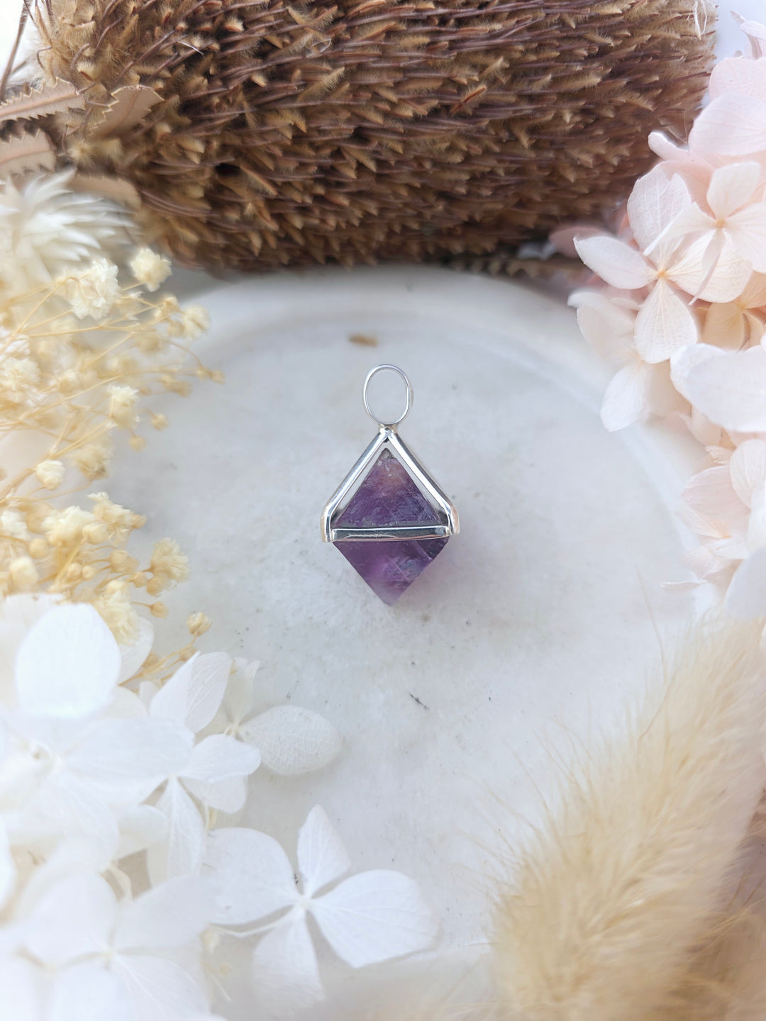 Purple Fluorite Octahedron Silver Pendant