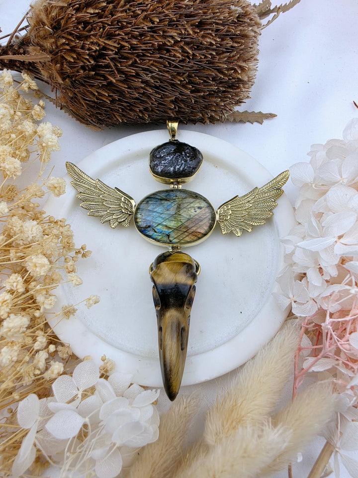 Apache Tear, Labradorite & Tigers Eye Raven Skull Anahata Brass Pendant