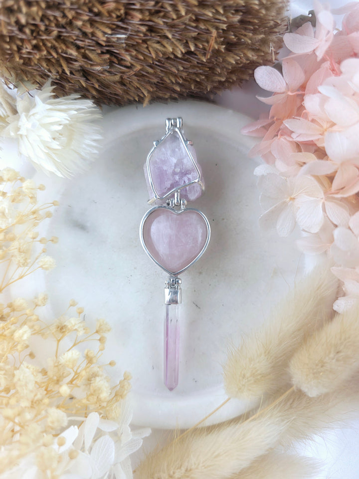 Kunzite, Rose Quartz Heart & Rose Aura Silver Pendant