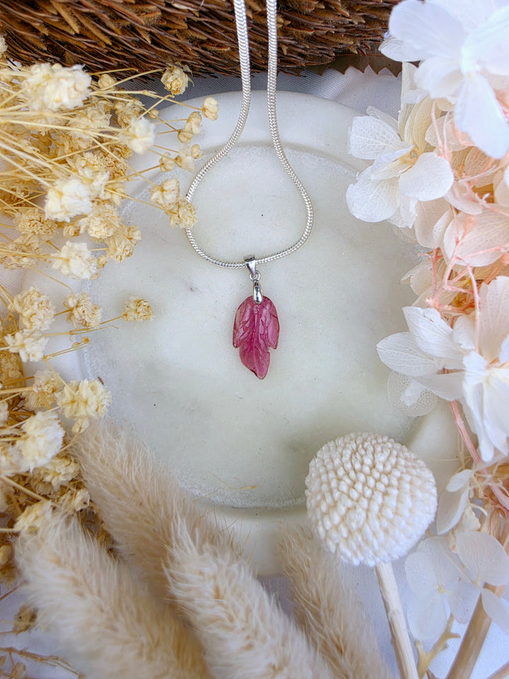 Pink Tourmaline Leaf Silver Pendant