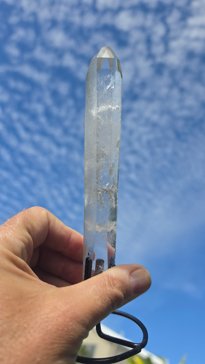 Lemurian with Black Chlorite Phantom Quartz with Metal Stand