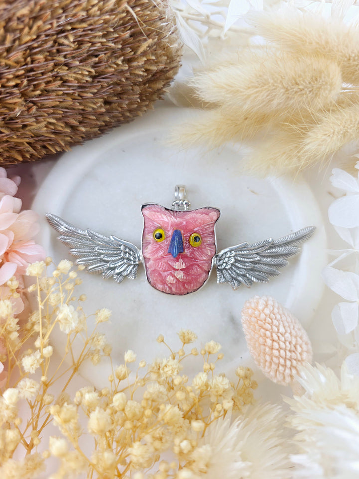 Rhodochrosite Owl with Silver Wings Pendant