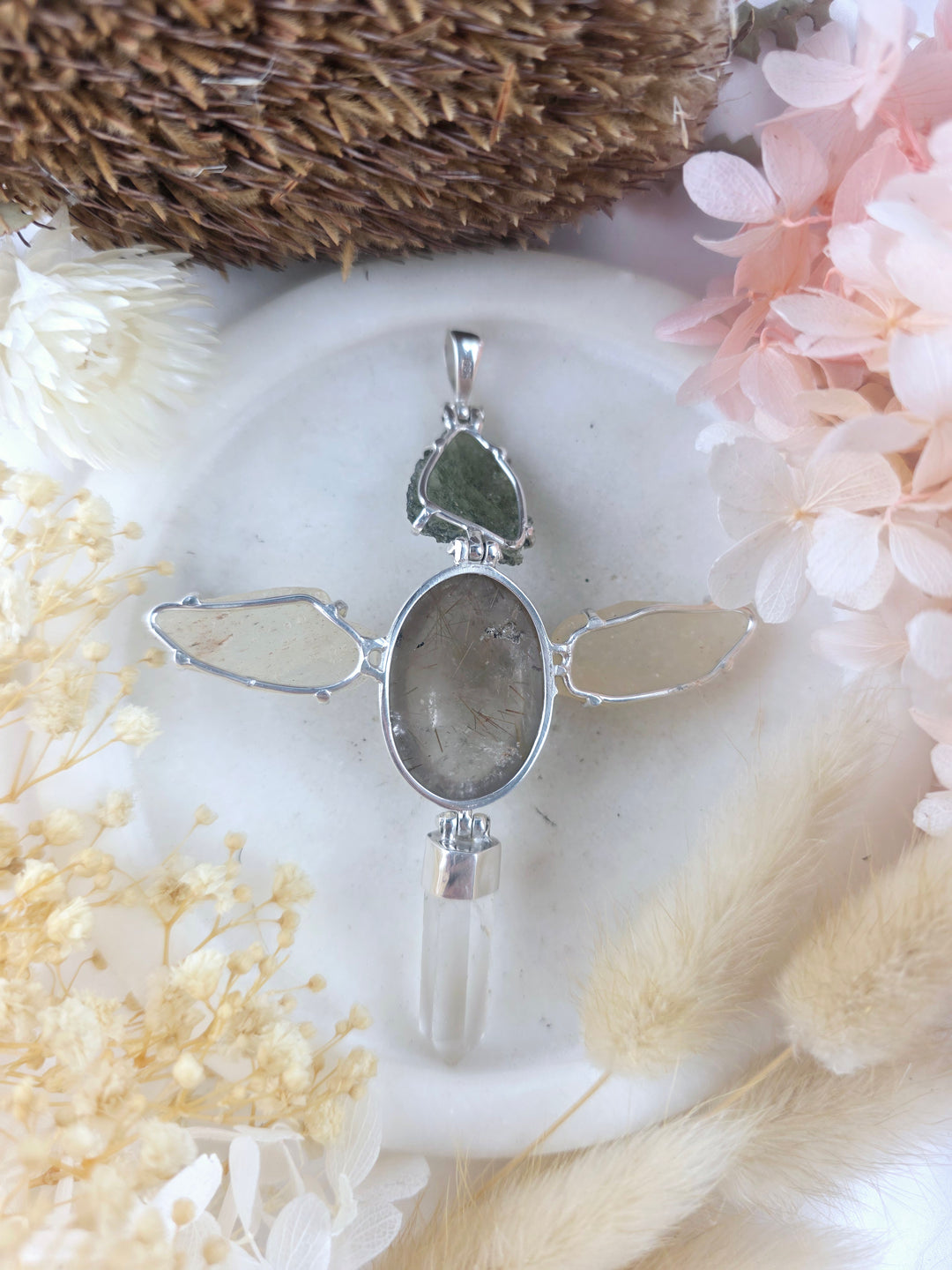 Moldavite, Libyan Desert Glass, Rutilated & Clear Quartz Silver Pendant