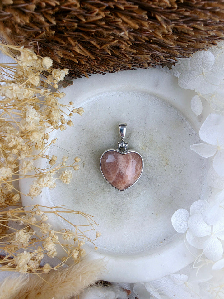 Peach Moonstone Heart Silver Pendant