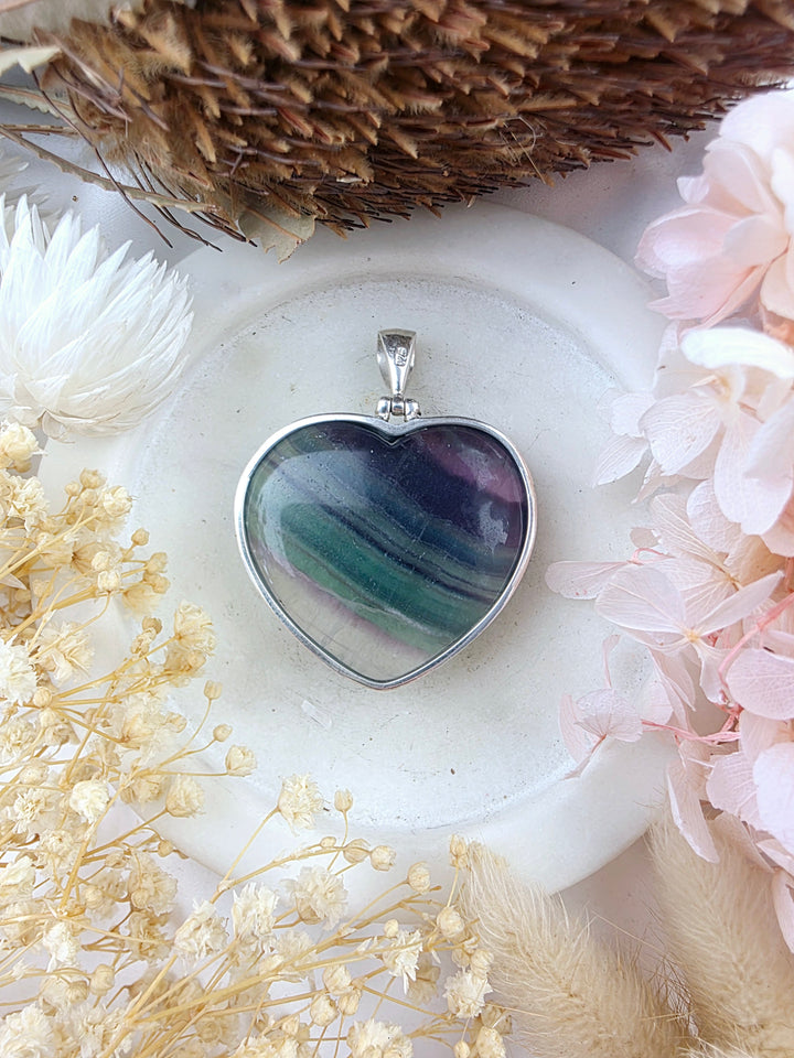 Rainbow Fluorite Heart Silver Pendant