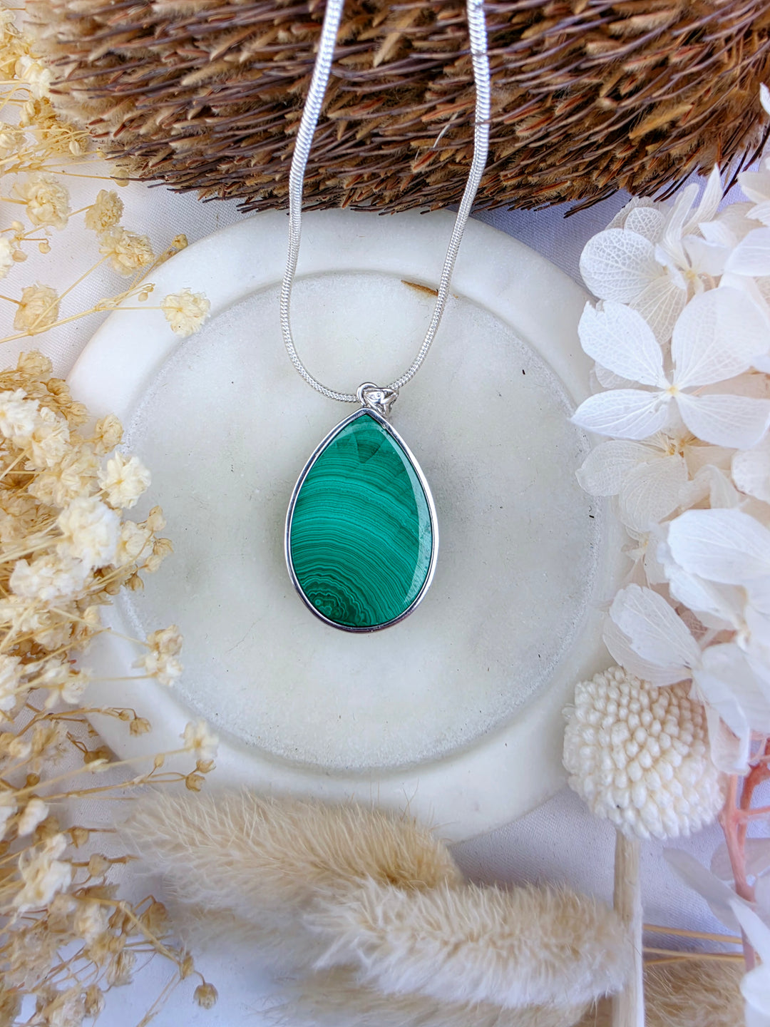 Malachite Silver Tear Drop Pendant — Transform & Rise