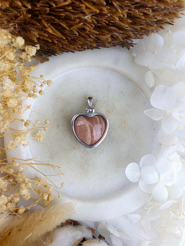 Peach Moonstone Heart Silver Pendant
