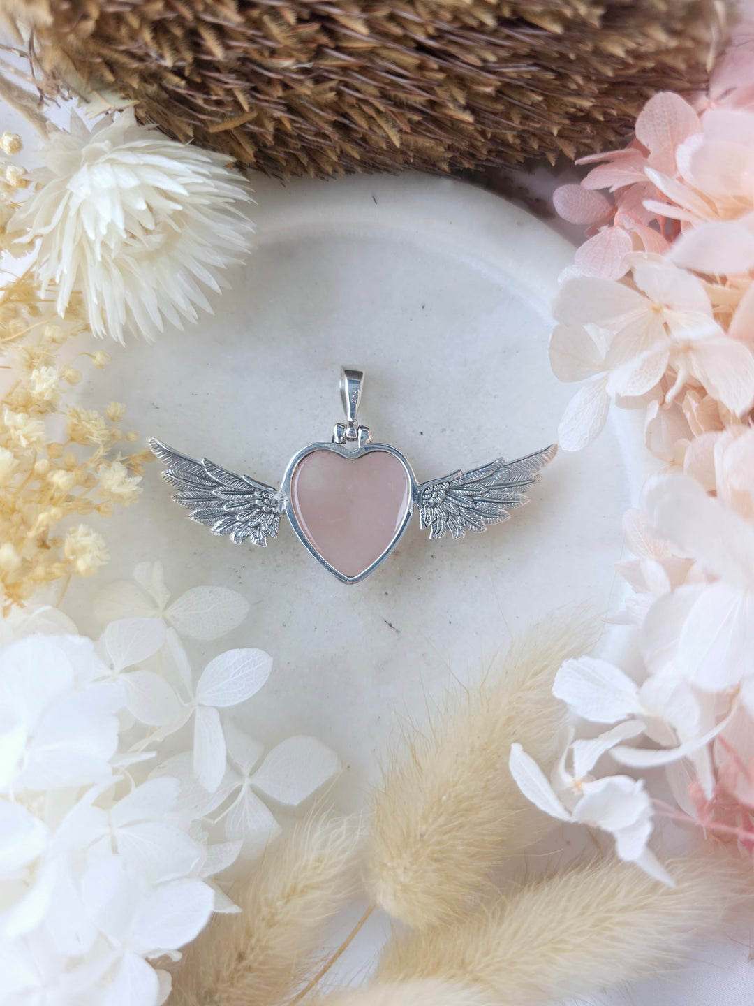 Rose Quartz Heart Winged Goddess Silver Pendant