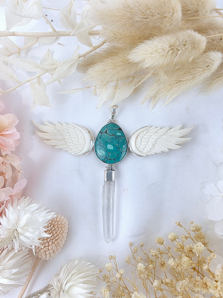 Turquoise, Clear Quartz Wand & Goddess Wings Silver Pendant