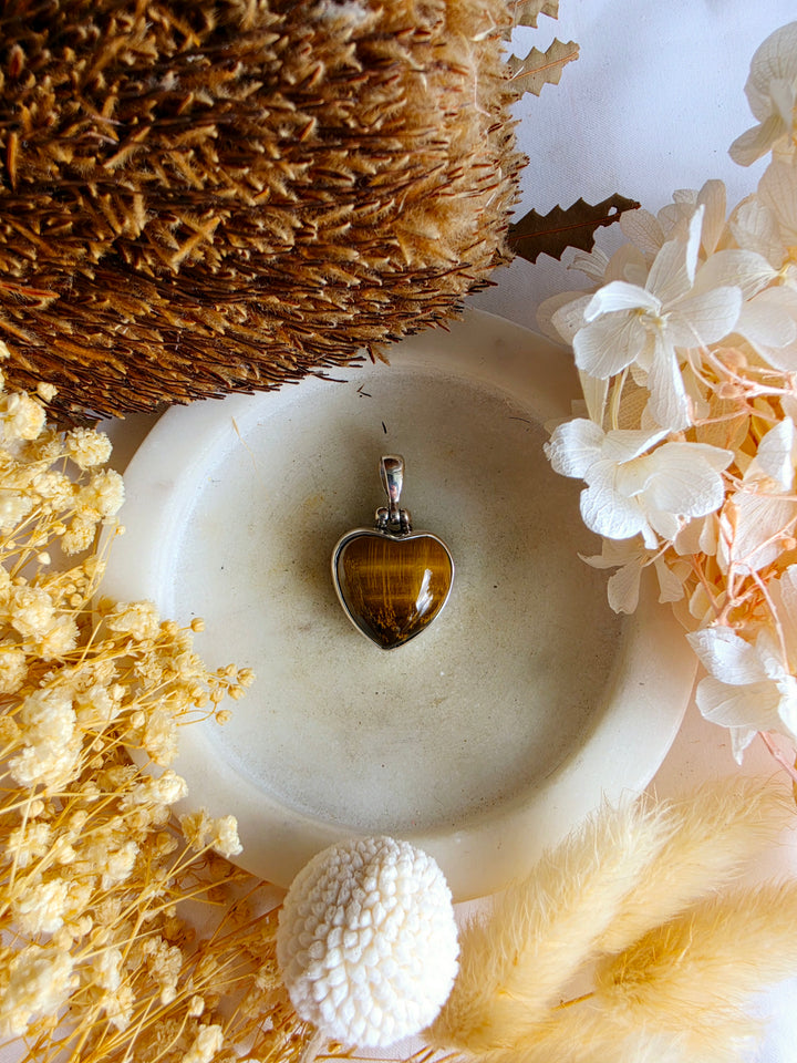 Tigers Eye Heart Silver Pendant