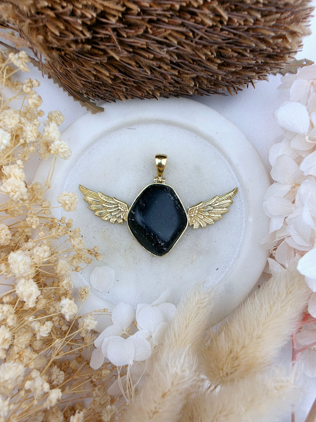 Black Obsidian Anahata Brass Pendant