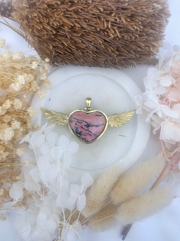 Rhodonite Heart Anahata Brass Pendant