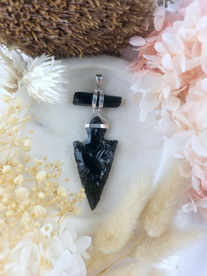 Black Obsidian Arrowhead & Black Tourmaline Silver Pendant
