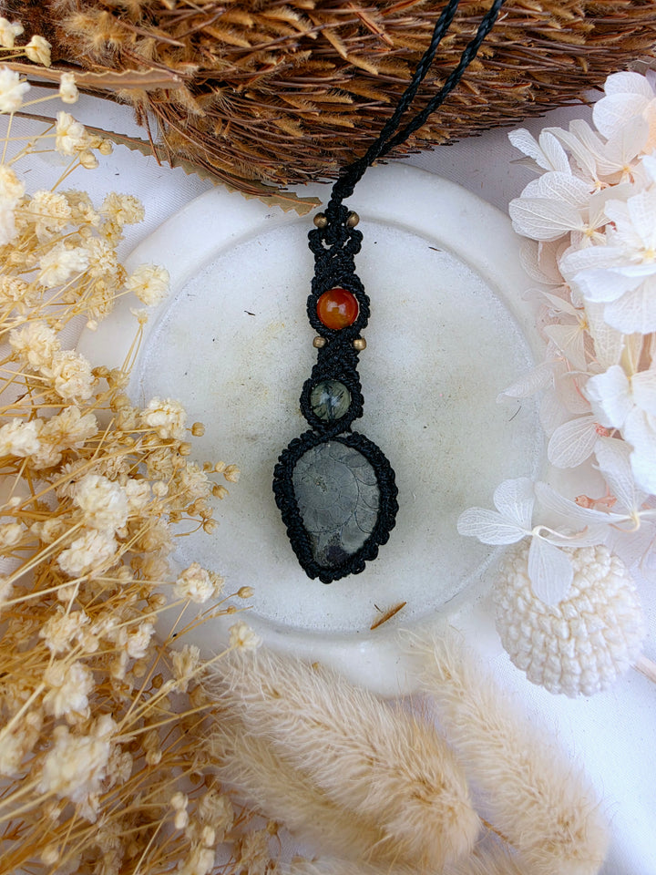 Pyritized Ammonite, Fluorite & Carnelian Macrame Pendant
