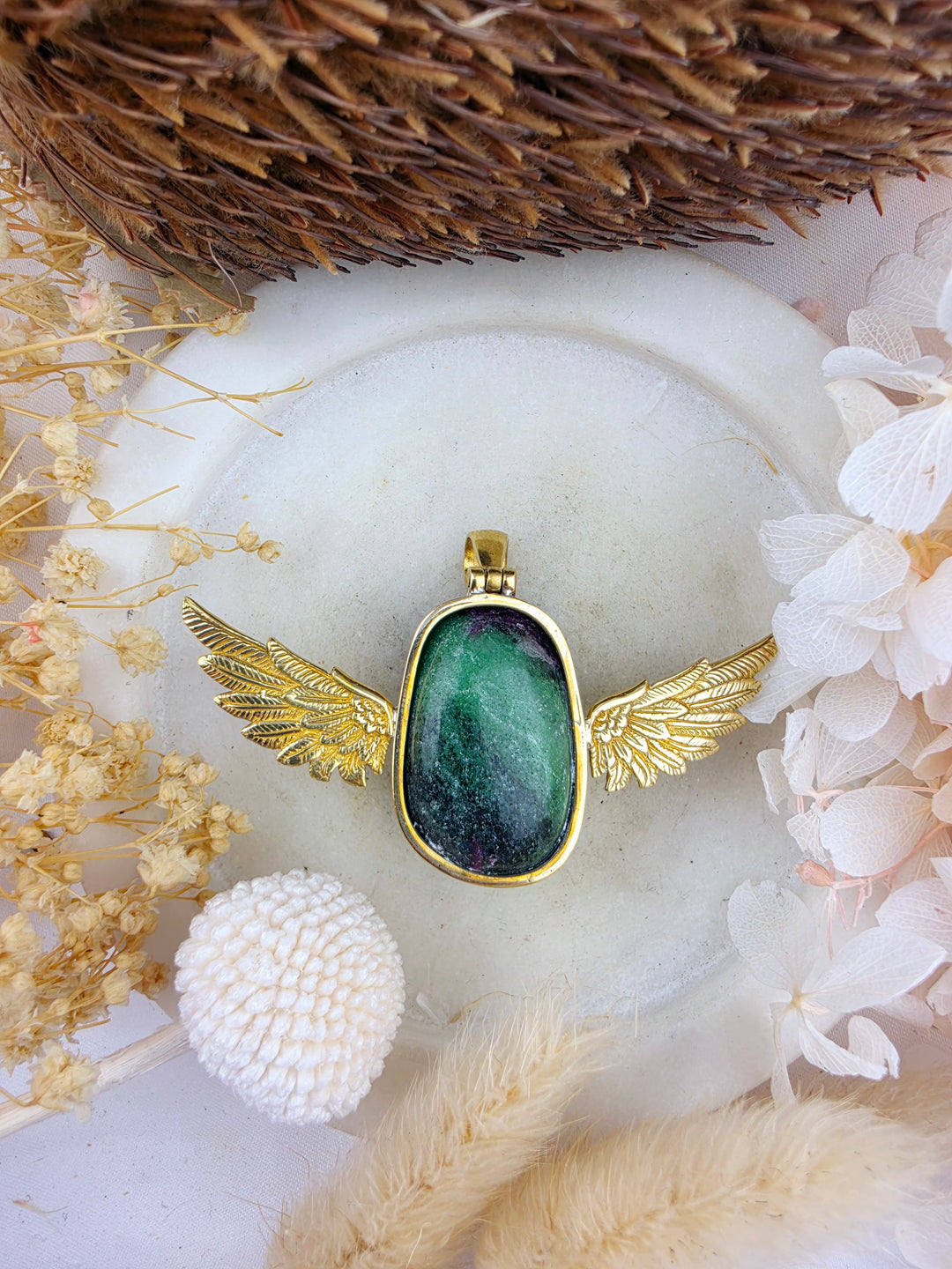 Ruby Zoisite Anahata Brass Pendant