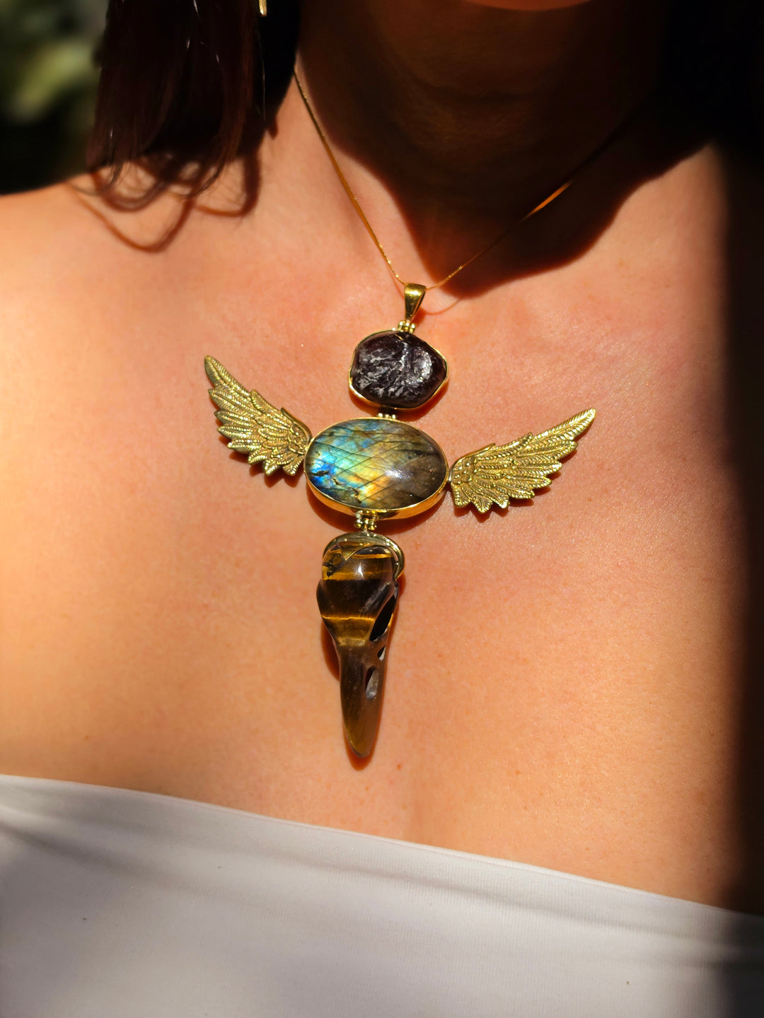 Apache Tear, Labradorite & Tigers Eye Raven Skull Anahata Brass Pendant