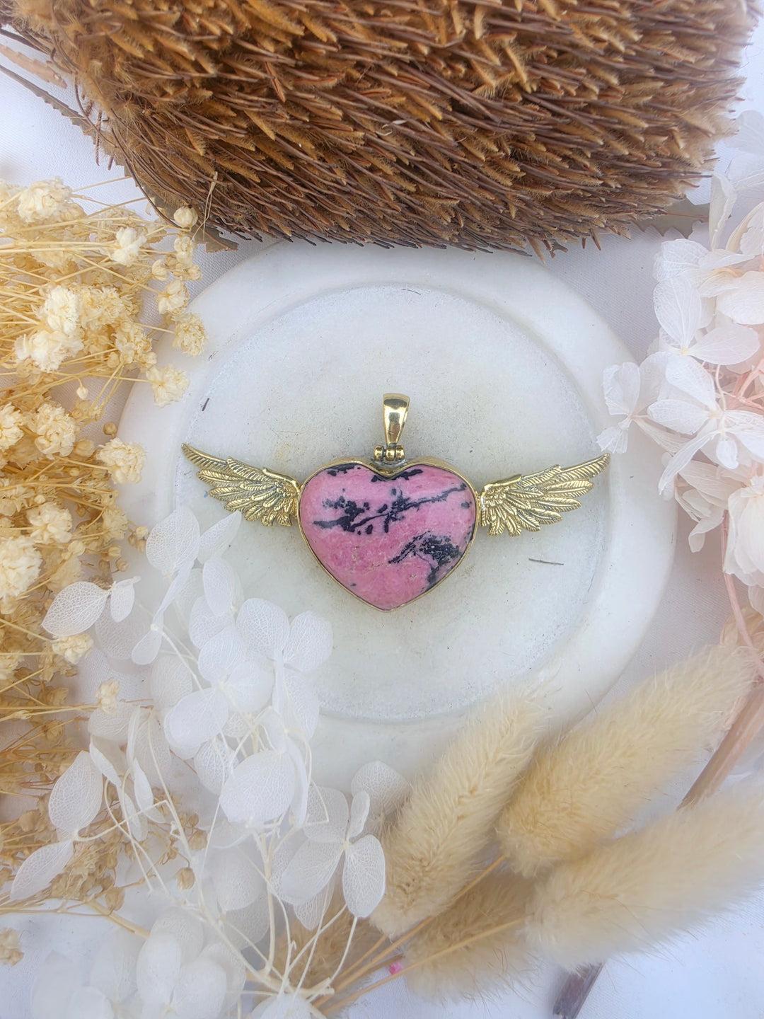 Rhodonite Heart Anahata Brass Pendant