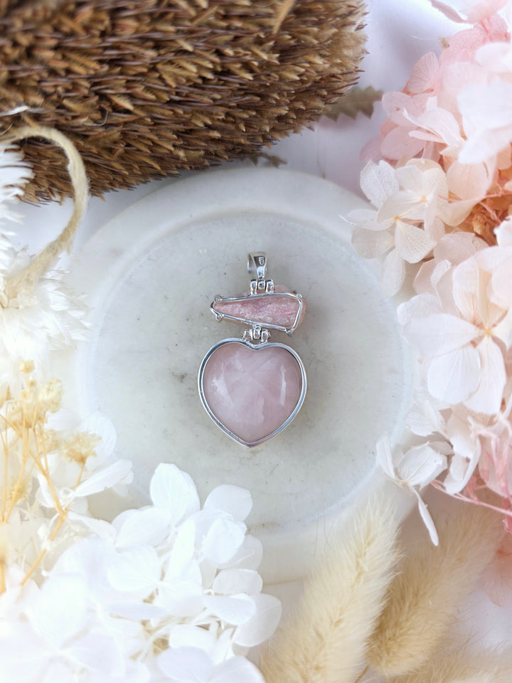 Rose Quartz Heart & Pink Opal Raw Silver Pendant