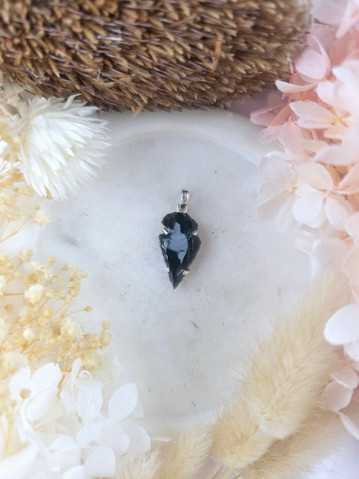 Black Obsidian Arrowhead Silver Pendant