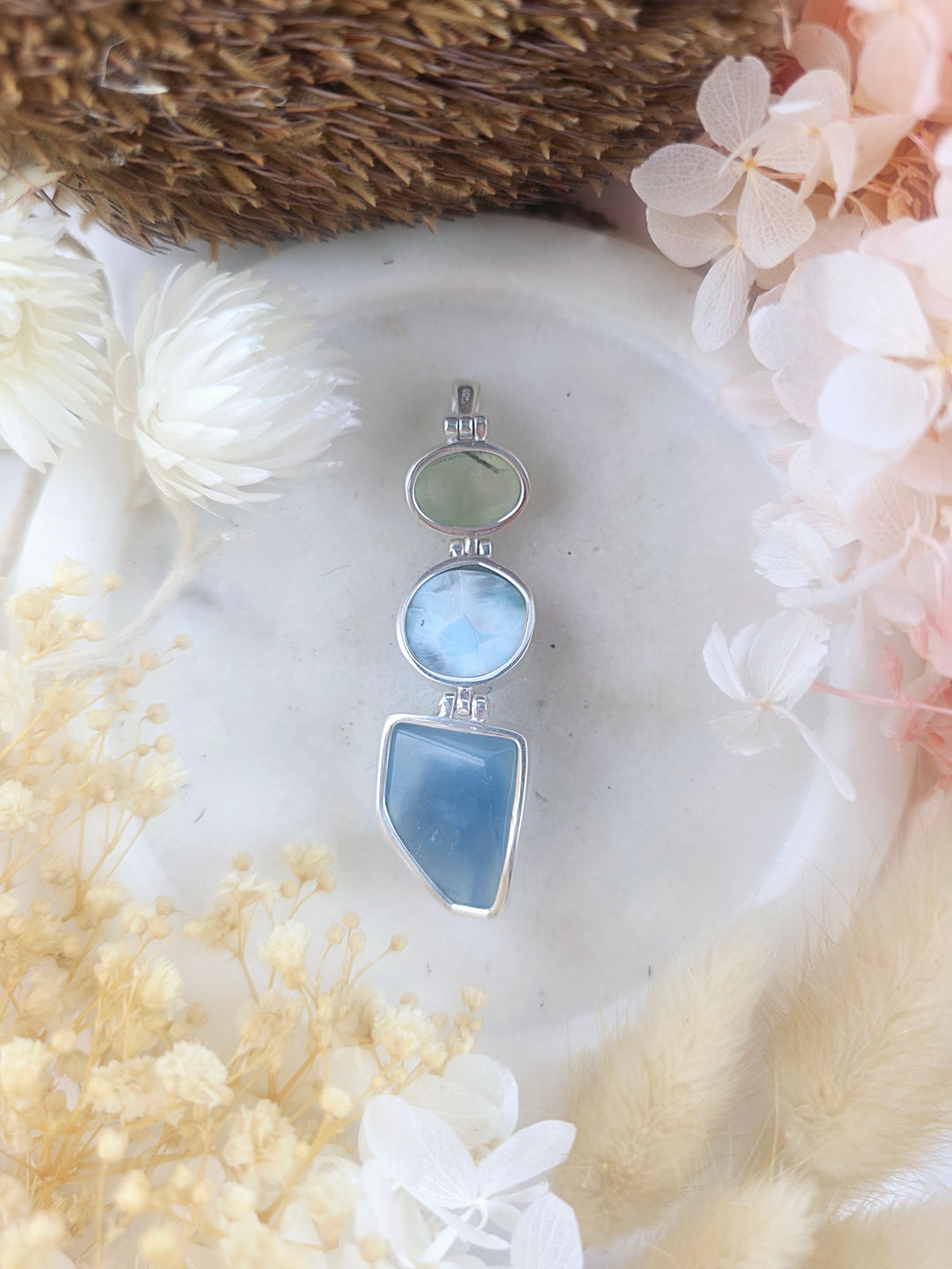 Aquamarine, Prehnite & Larimar Silver Pendant