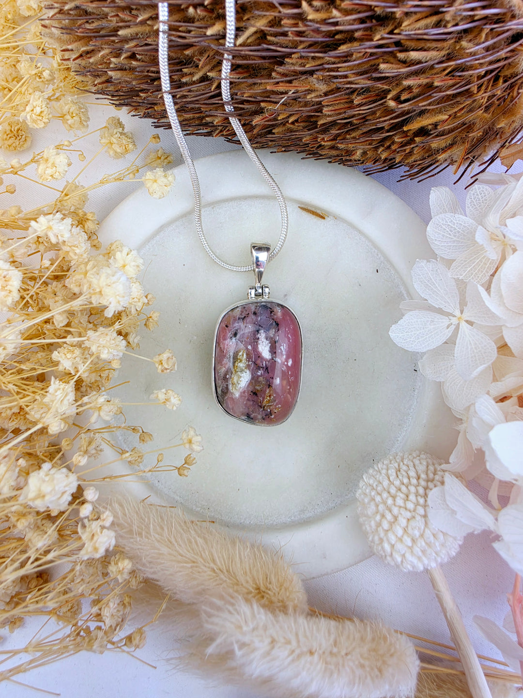 Pink Opal Tumbled Silver Pendant
