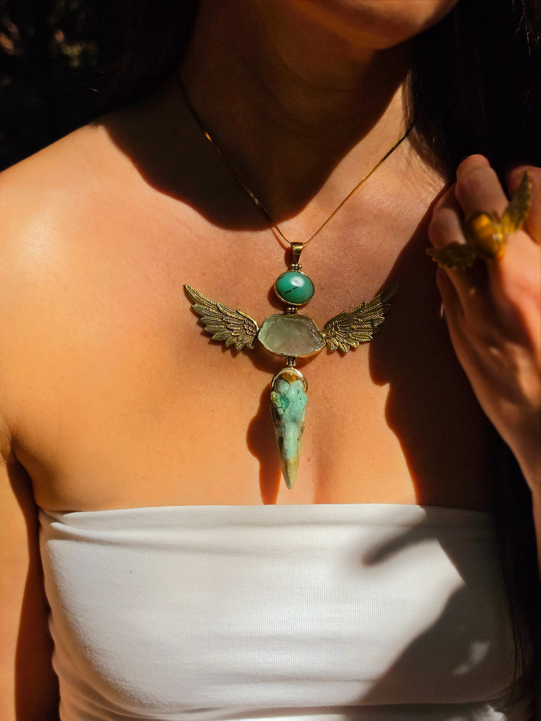 Fuchsite Raven, Green Calcite & Chrysoprase Anahata Brass Pendant